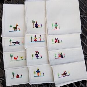 12 Cloth Napkins Embroidered Caribbean Tropical Island Life 10x11" Ivory Vintage